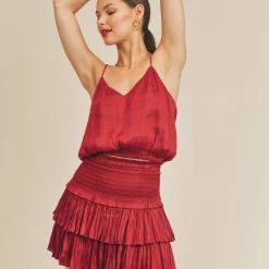 Reset By Jane NEW ARRIVALS Red Silky Smocking Layered Skirt