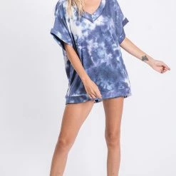 GEEGEE NEW ARRIVALS Denim Wash Tye Die V Neck Top