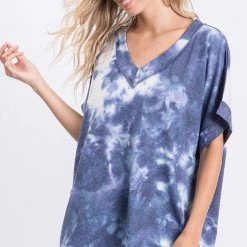 GEEGEE NEW ARRIVALS Denim Wash Tye Die V Neck Top