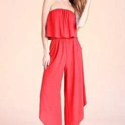 Tyche Red Textured Solid Hem Strapless Jumpsuit NEW ARRIVALS