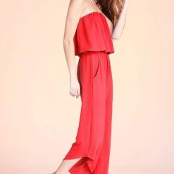 Tyche Red Textured Solid Hem Strapless Jumpsuit NEW ARRIVALS