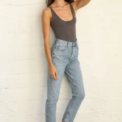 By Together NEW ARRIVALS Charcoal Colored Seamless UV Neck Spaghetti Strap Cami