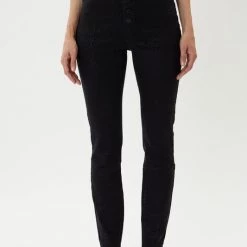 Kan Can NEW ARRIVALS Briana Black Leoaprd Print Exposed Button High Rise Denim