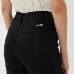 Kan Can NEW ARRIVALS Briana Black Leoaprd Print Exposed Button High Rise Denim