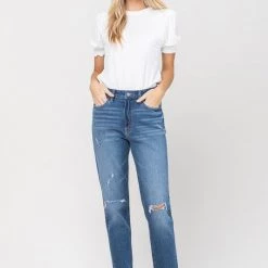 Vervet NEW ARRIVALS Double Cuffed Distressed Stretch Mom Jean