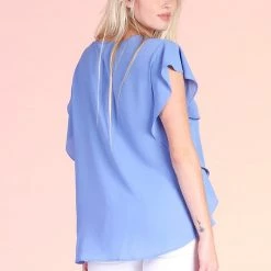 Tyche Solid Blue Ruffle Sleeve Twist Top CLEARANCE