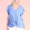 Tyche Solid Blue Ruffle Sleeve Twist Top CLEARANCE
