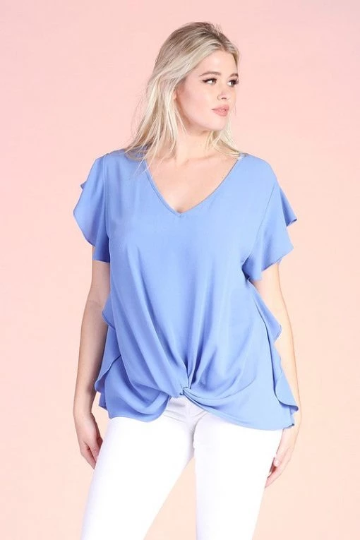 Tyche Solid Blue Ruffle Sleeve Twist Top CLEARANCE 5 Tyche Solid Blue Ruffle Sleeve Twist Top CLEARANCE