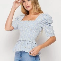 Bighit Fashion Powder Blue Short Sleeve Eyelet Smocked Top