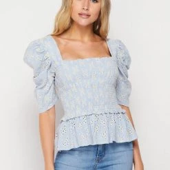 Bighit Fashion Powder Blue Short Sleeve Eyelet Smocked Top