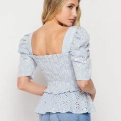 Bighit Fashion Powder Blue Short Sleeve Eyelet Smocked Top