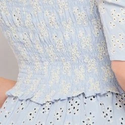 Bighit Fashion Powder Blue Short Sleeve Eyelet Smocked Top