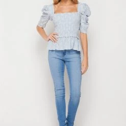 Bighit Fashion Powder Blue Short Sleeve Eyelet Smocked Top