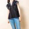 THML NEW ARRIVALS Black Ruffled Embroidered Woven Top