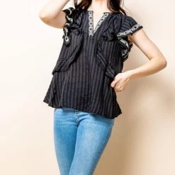 THML NEW ARRIVALS Black Ruffled Embroidered Woven Top