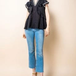 THML NEW ARRIVALS Black Ruffled Embroidered Woven Top