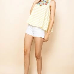 THML CLEARANCE Yellow Stripe Embroidered Sleeveless Top
