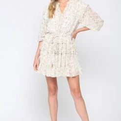 FATE BY LFD NEW ARRIVALS Cream And Floral Self Tie Wasited Mini Dress