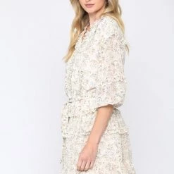 FATE BY LFD NEW ARRIVALS Cream And Floral Self Tie Wasited Mini Dress