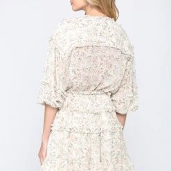 FATE BY LFD NEW ARRIVALS Cream And Floral Self Tie Wasited Mini Dress