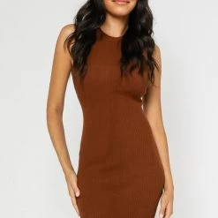 Olivaceous NEW ARRIVALS Brown Ribbed Bodycon Tank Dress