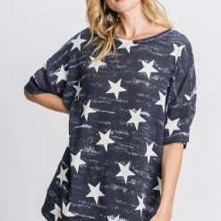 GEEGEE NEW ARRIVALS Blue And White Star Print Drop Shoudler Top