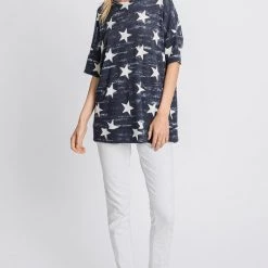 GEEGEE NEW ARRIVALS Blue And White Star Print Drop Shoudler Top