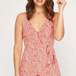 She And Sky Red And Floral Print Sleeveless Romper NEW ARRIVALS