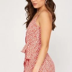 She And Sky Red And Floral Print Sleeveless Romper NEW ARRIVALS