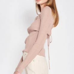 Emory Park Tan Long Sleeve Ribbed Open Back Top NEW ARRIVALS