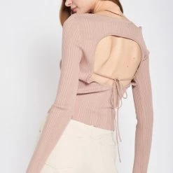 Emory Park Tan Long Sleeve Ribbed Open Back Top NEW ARRIVALS