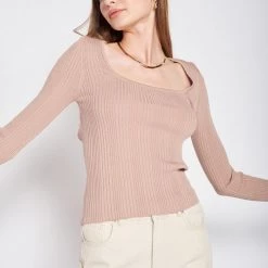 Emory Park Tan Long Sleeve Ribbed Open Back Top NEW ARRIVALS