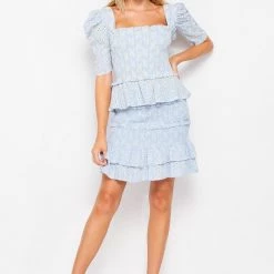 Bighit Fashion NEW ARRIVALS Powder Blue Eyelet Smoked Mini Skirt