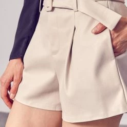 DO+BE NEW ARRIVALS Ecru Colored Belted Faux Leather Shorts
