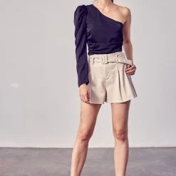 DO+BE NEW ARRIVALS Ecru Colored Belted Faux Leather Shorts