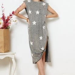 Blue B NEW ARRIVALS Grey And White Star Print Slit Jersey Dress