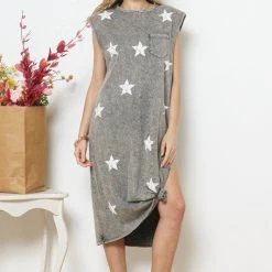 Blue B NEW ARRIVALS Grey And White Star Print Slit Jersey Dress