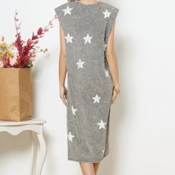Blue B NEW ARRIVALS Grey And White Star Print Slit Jersey Dress