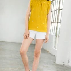 THML Mustard Colored Embroidered Ruffle Sleeve Top NEW ARRIVALS
