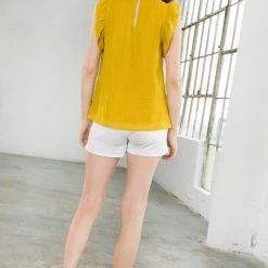 THML Mustard Colored Embroidered Ruffle Sleeve Top NEW ARRIVALS