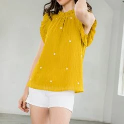 THML Mustard Colored Embroidered Ruffle Sleeve Top NEW ARRIVALS