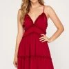 She And Sky Burgundy Woven Ruffled Detail Cami Dress NEW ARRIVALS
