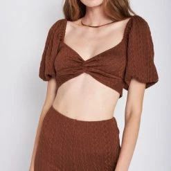 Emory Park NEW ARRIVALS Brown Bubble Sleeve Crop Top