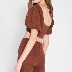 Emory Park NEW ARRIVALS Brown Bubble Sleeve Crop Top