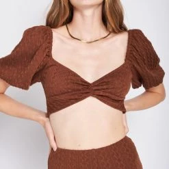Emory Park NEW ARRIVALS Brown Bubble Sleeve Crop Top