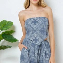 Blue Bandeau Smocked Crop Top With Palazzo Pants Set SUITS & SETS