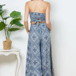 Blue Bandeau Smocked Crop Top With Palazzo Pants Set SUITS & SETS