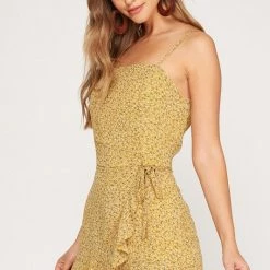 She And Sky Mustard Colored Cami Romper With Wrap Shorts