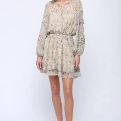 FATE BY LFD Nude Multi Colored Smocked Gold Foil Mini Dress