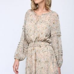 FATE BY LFD Nude Multi Colored Smocked Gold Foil Mini Dress